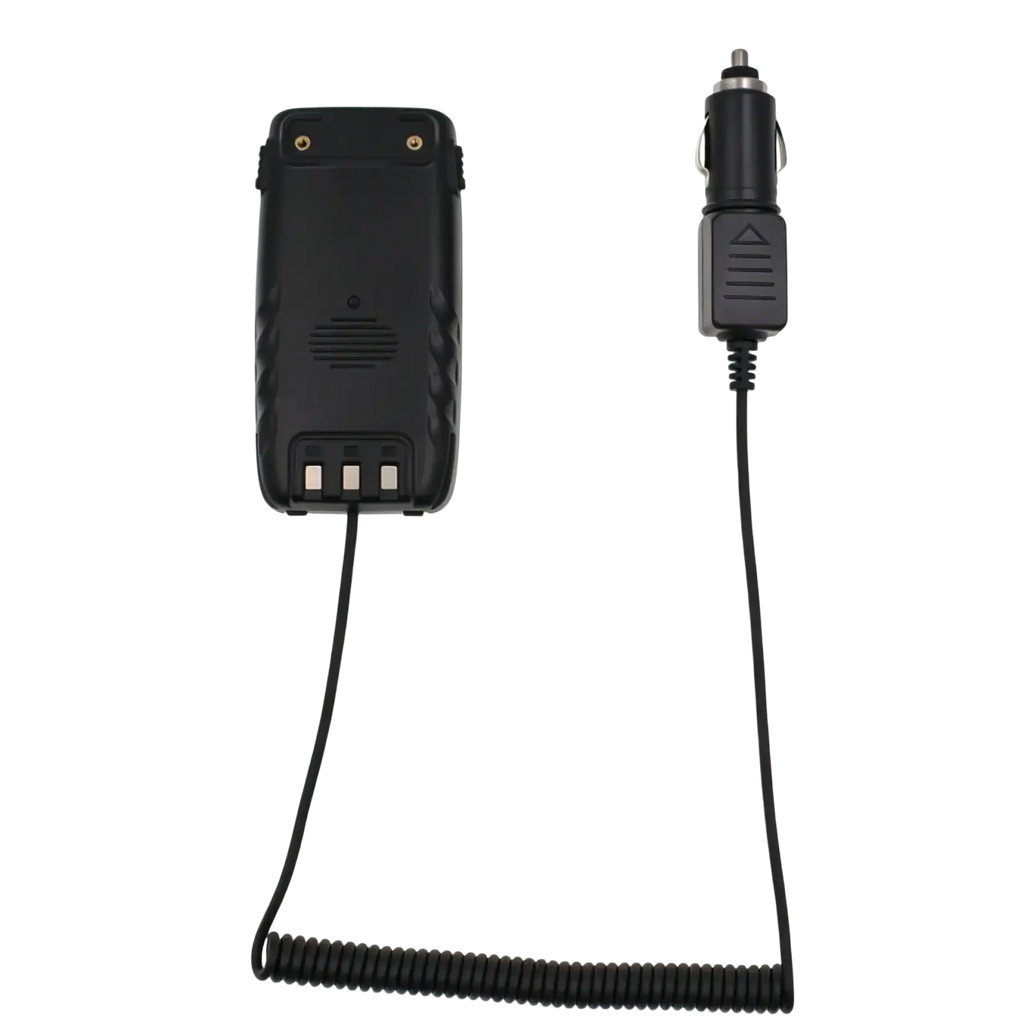 Black car charger adapter with coiled cable connected to a black battery eliminator 12v portable for qyt kt-8r radio pack