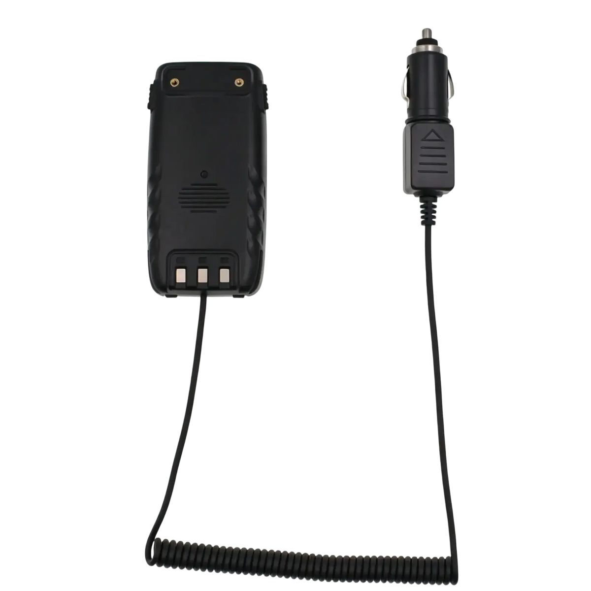 Black car charger adapter with coiled cable connected to a black battery eliminator 12v portable for qyt kt-8r radio pack
