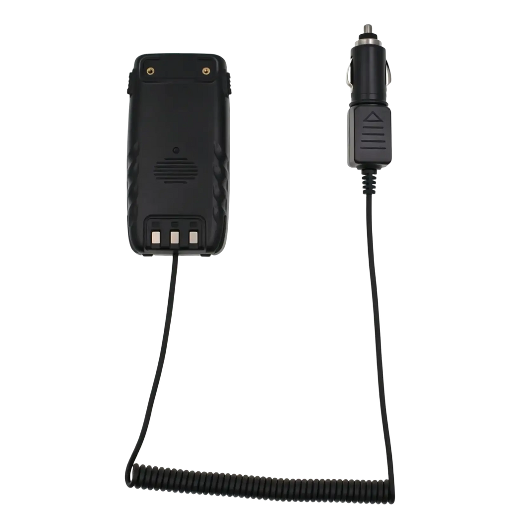 Black battery eliminator 12v portable car charger adapter with coiled cable connected to black radio battery pack