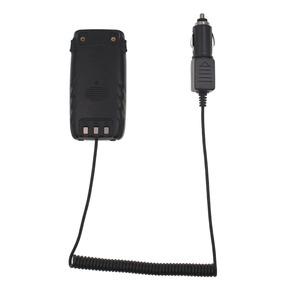 Black coiled cable connecting rugged handheld radio to car charger adapter for battery eliminator 12v portable Qyt Kt-8r