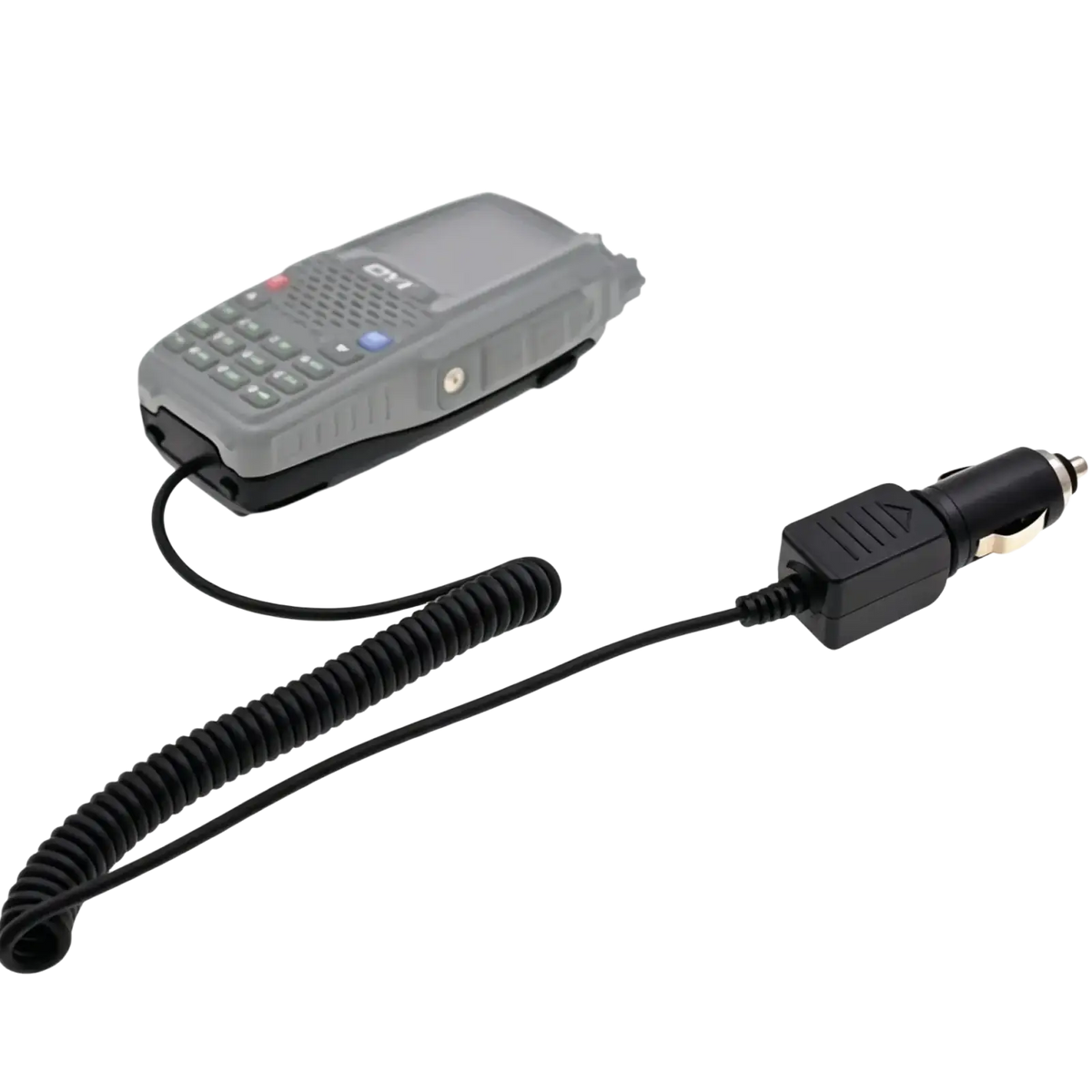 Gray and black handheld two-way radio with coiled cable and car charger adapter featuring battery eliminator 12v portable for Qyt Kt-8r