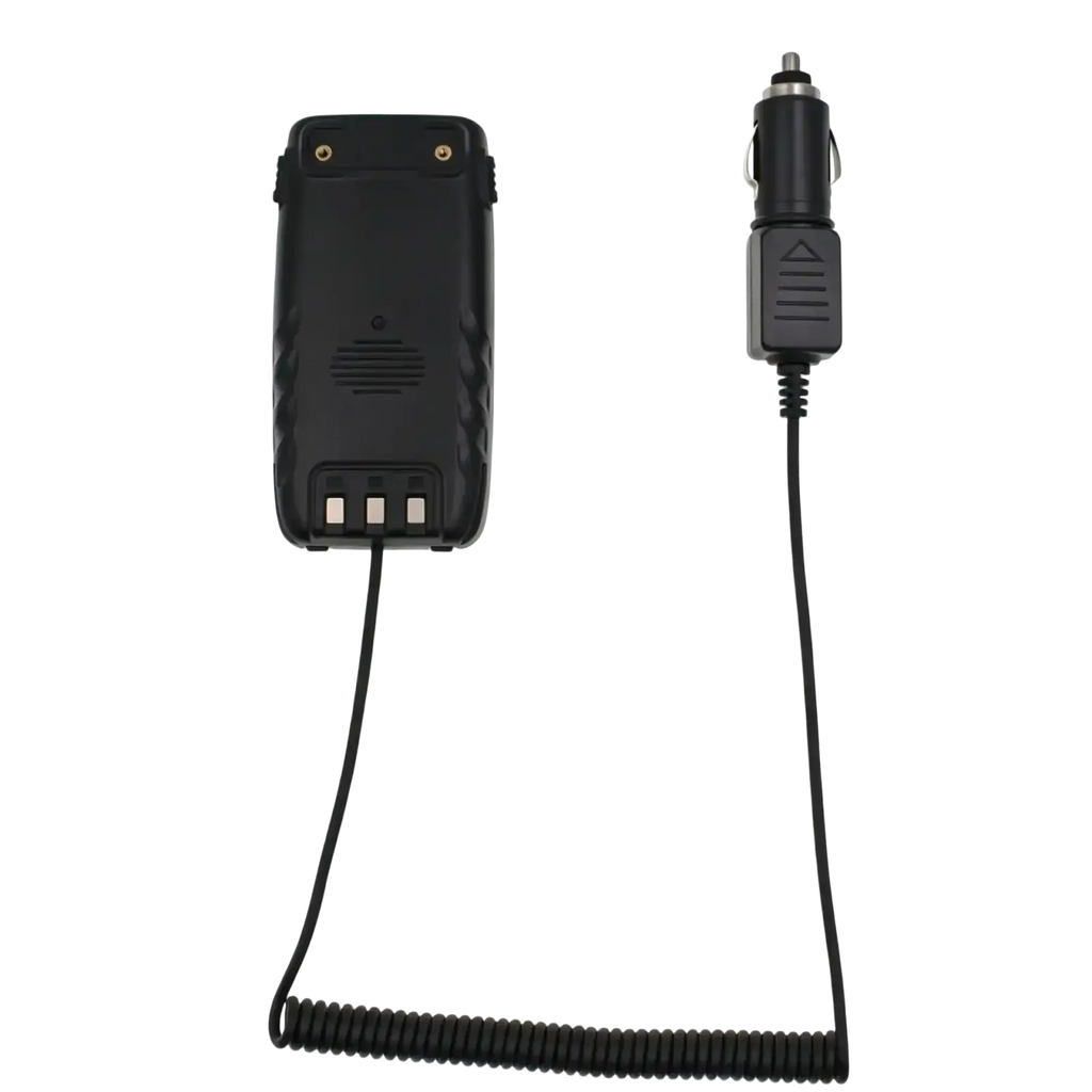 Black coiled cable connecting car charger to black radio battery pack for battery eliminator 12v walkie talkie use