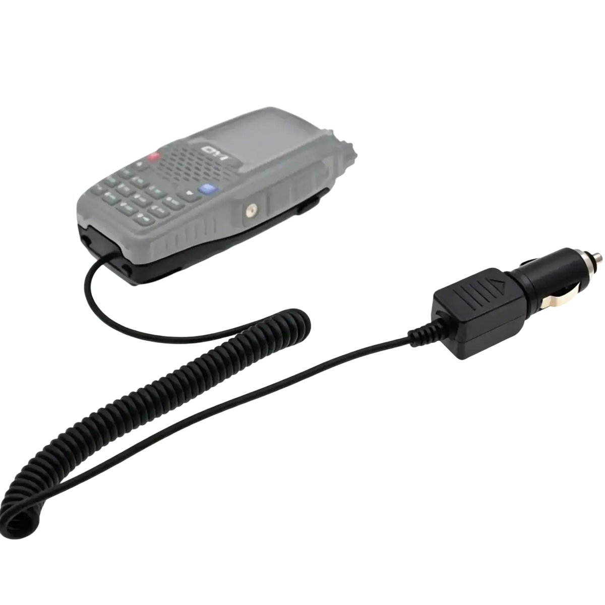Gray handheld walkie talkie battery eliminator 12v with black coiled cable and car charger adapter for qyt kt 8r