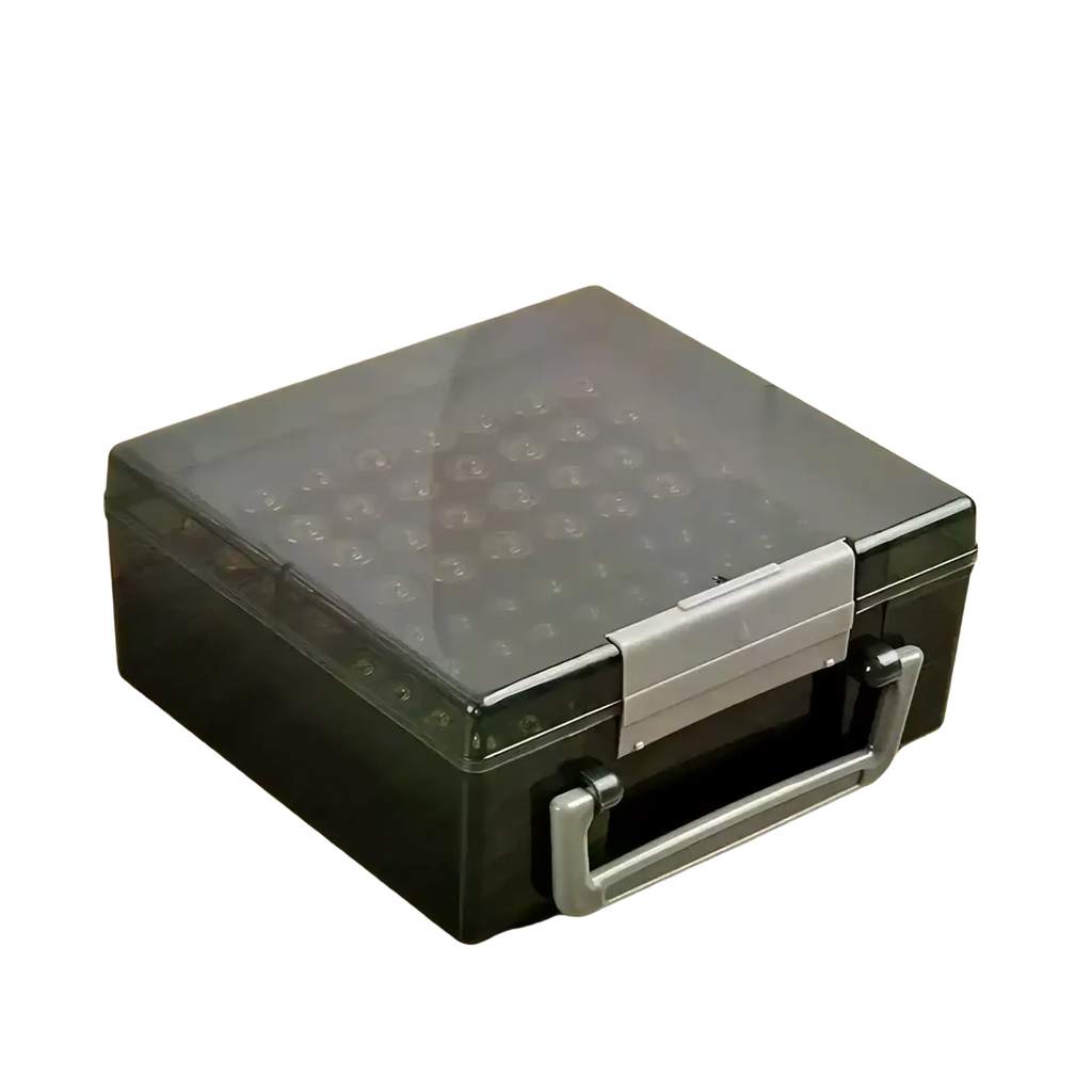 Black and gray plastic battery storage organizer with transparent lid and compartments for 72 aa and aaa batteries