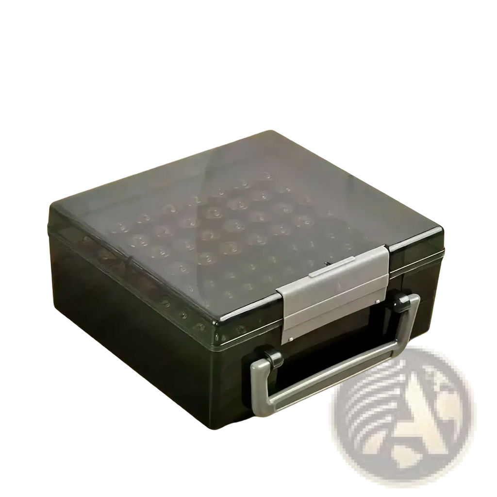 Black and gray plastic battery storage organizer with transparent lid and multiple compartments for 72 aa and aaa batteries