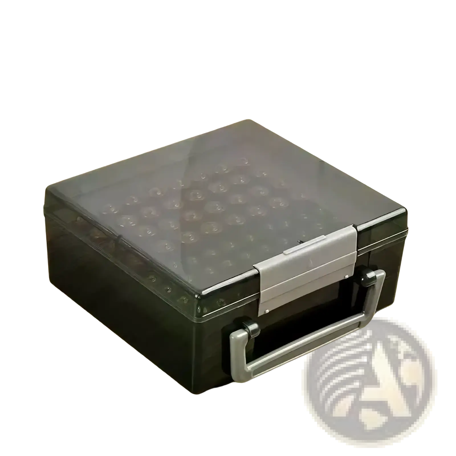Black and gray plastic battery storage organizer with transparent lid and multiple compartments for 72 aa and aaa batteries