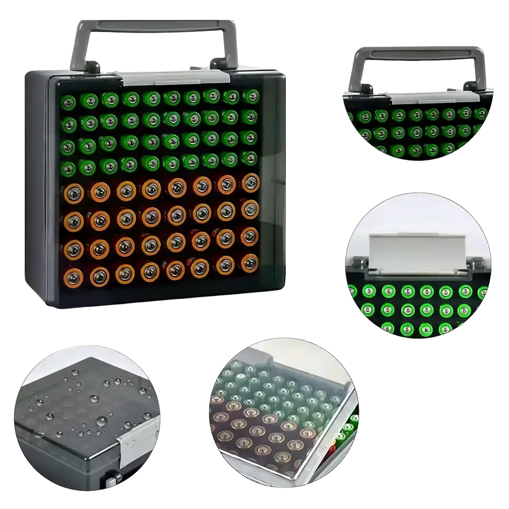 Black plastic battery storage organizer with gray handle holding 72 neatly arranged green and orange aa batteries