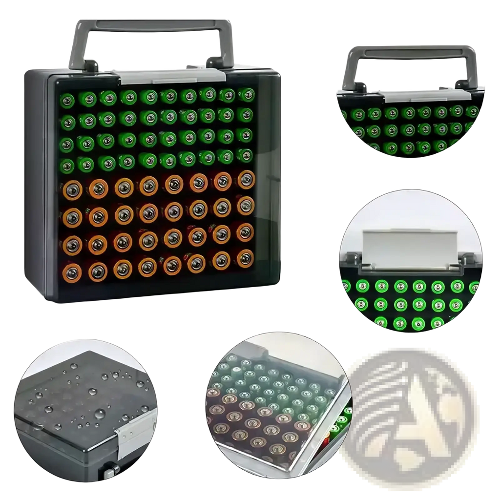 Black plastic battery storage organizer with gray handle holding 72 neatly arranged green and orange aa batteries