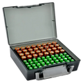 A grey plastic battery storage organizer with a clear lid holding neatly arranged red and green aa batteries