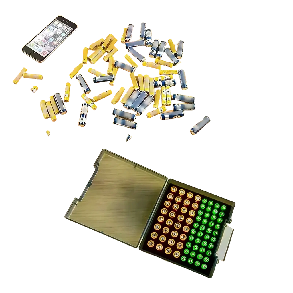 Battery storage organizer with transparent lid and black compartments holding neatly arranged green orange and brown aa batteries