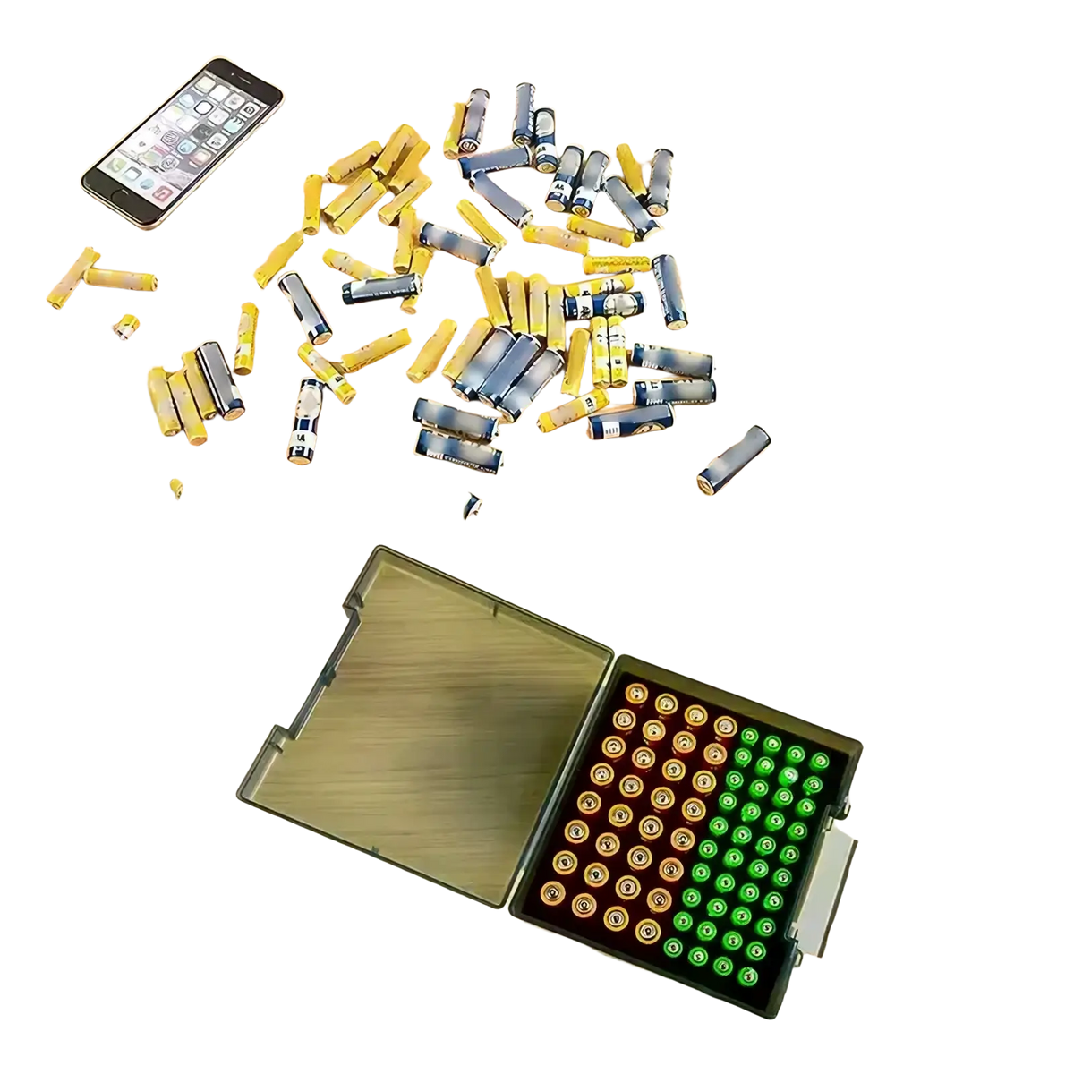 Battery storage organizer with transparent lid and black compartments holding neatly arranged green orange and brown aa batteries