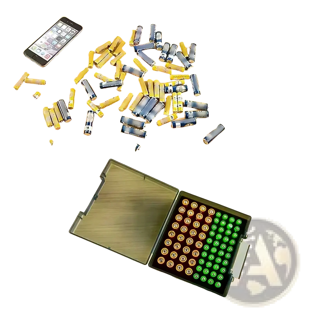 Battery storage organizer with transparent lid and black compartments holding 72 neatly arranged aa batteries