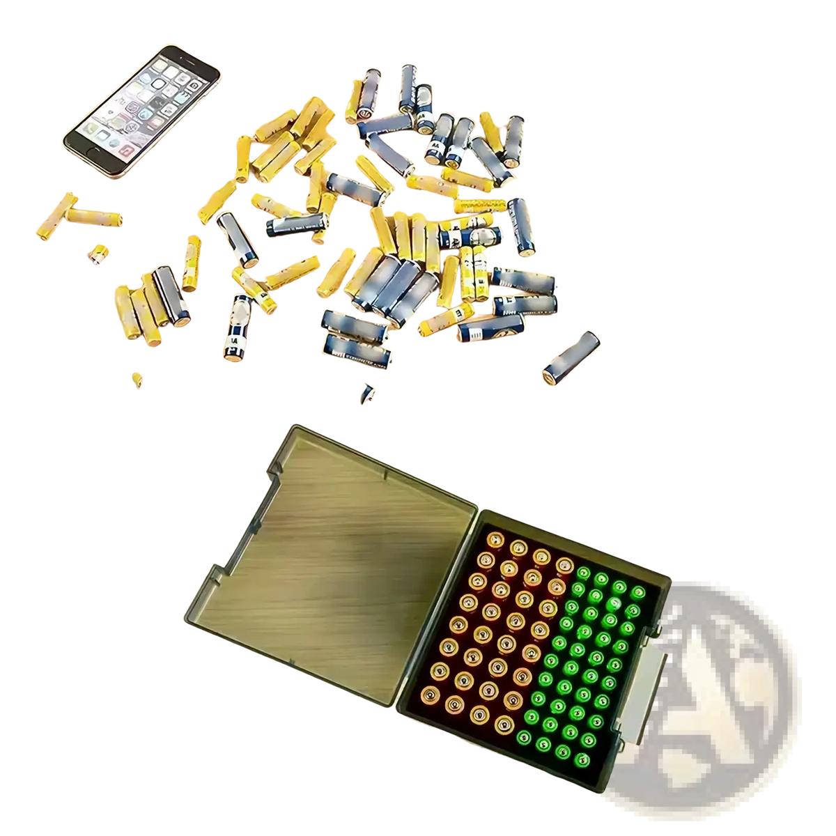 Battery storage organizer with transparent lid and black compartments holding 72 neatly arranged aa batteries