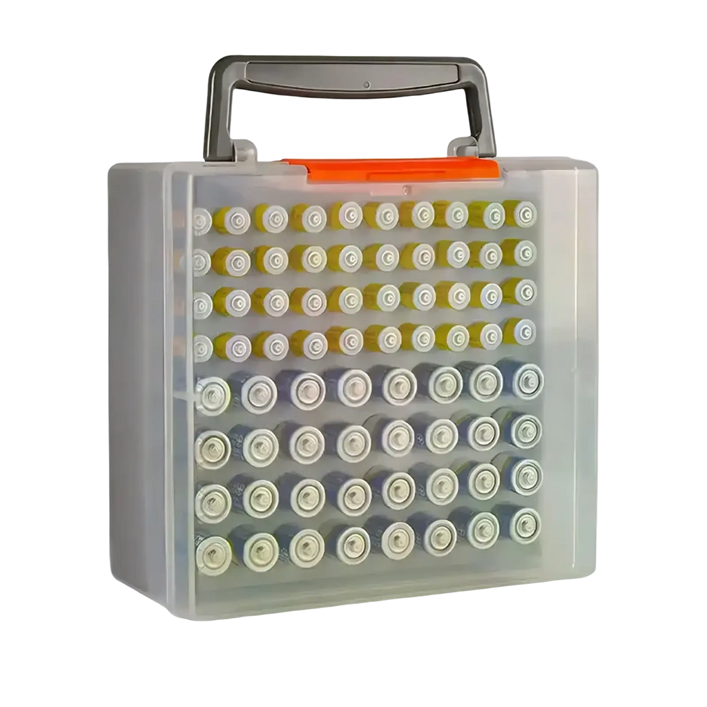 Transparent plastic battery storage organizer with gray handle and orange latch holding multiple aa batteries in rows