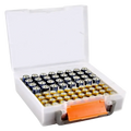 Transparent plastic battery storage organizer with orange and gray handle holding blue and yellow aa batteries