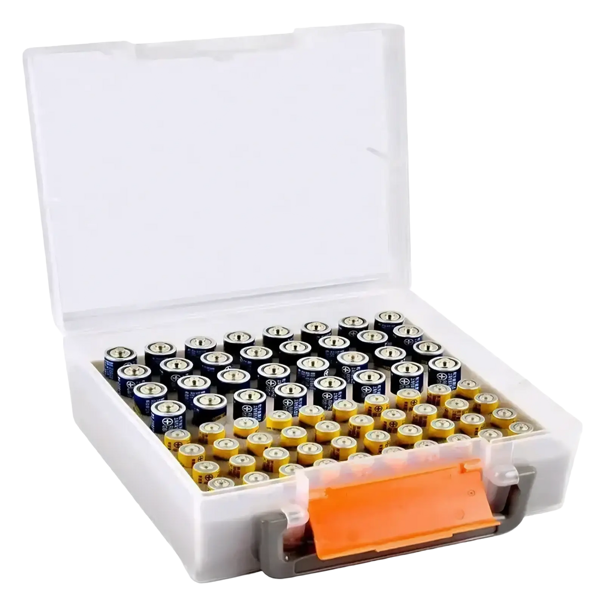 Transparent plastic battery storage organizer with orange and gray handle holding blue and yellow aa batteries