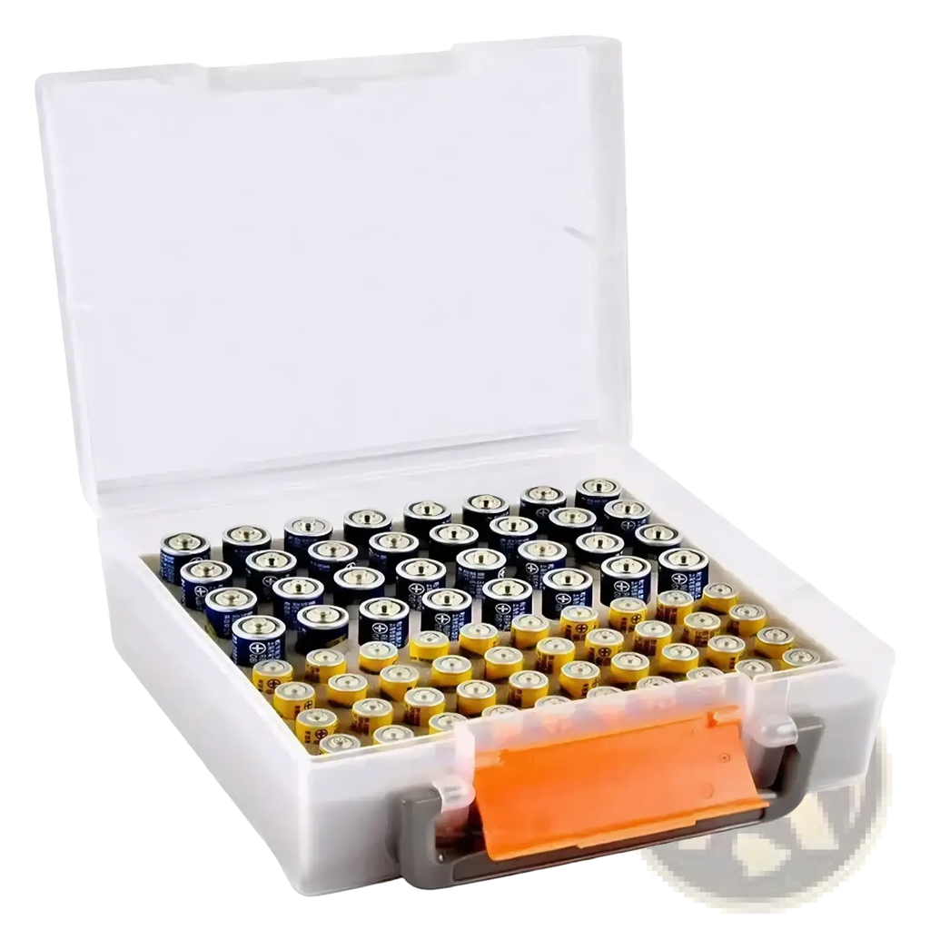 Transparent plastic battery storage organizer with orange and gray handle holding blue and yellow aa batteries
