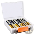 Transparent plastic battery storage organizer with orange and gray handle holding blue and yellow aa batteries
