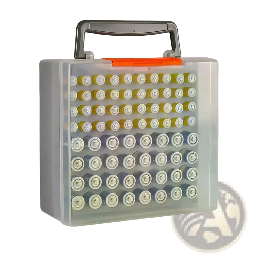 Transparent plastic battery storage organizer with gray handle and orange latch holding multiple aa batteries in rows