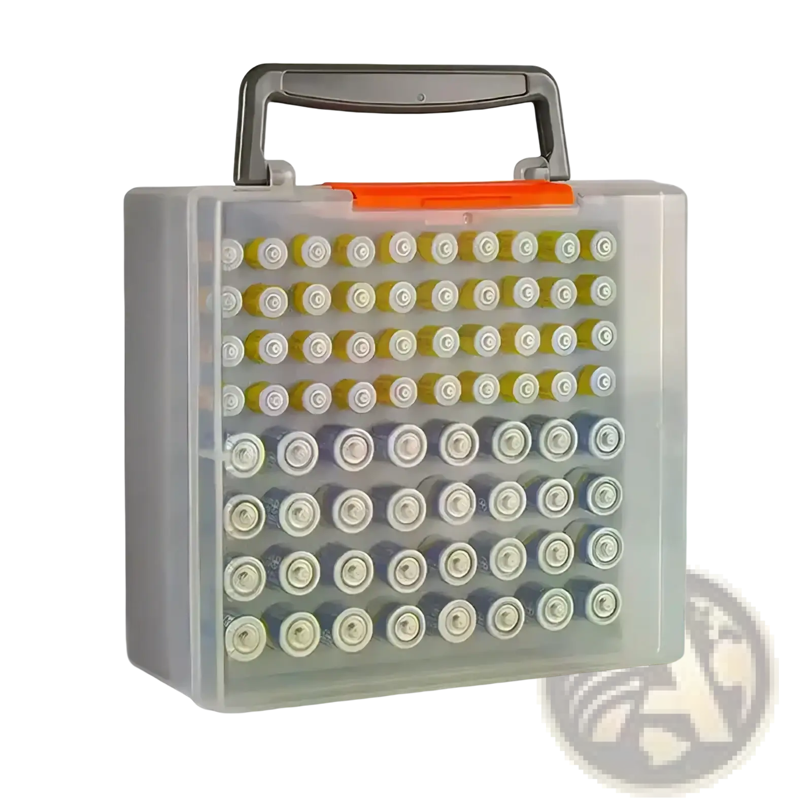 Transparent plastic battery storage organizer with gray handle and orange latch holding multiple aa batteries in rows