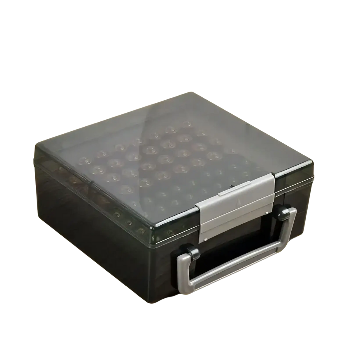 Black plastic battery storage organizer box with transparent lid 36 compartments and silver handle for 72 aa and aaa batteries