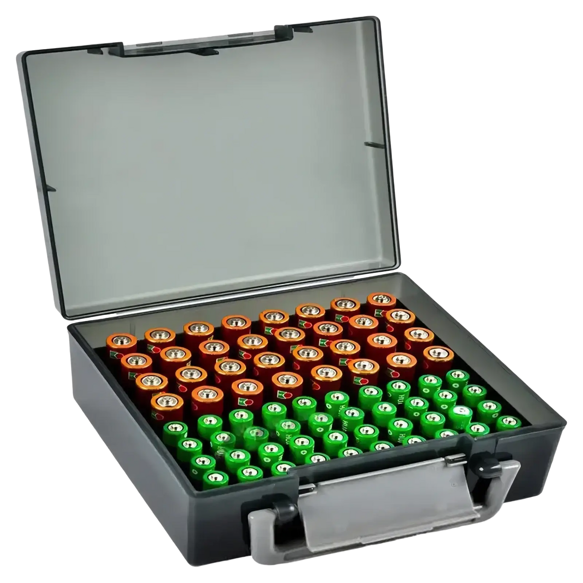 A grey plastic battery storage organizer box with clear lid holding neatly arranged red and green aa batteries