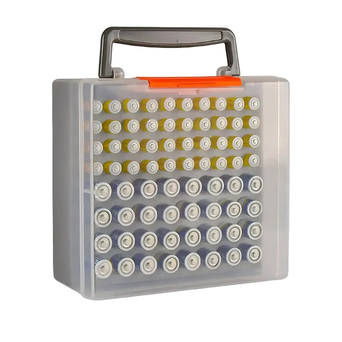 Transparent plastic battery storage organizer box with gray handle and orange latch holding neatly arranged c-cell batteries