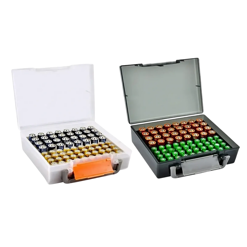 Two plastic battery storage organizer boxes for 72 aa and aaa batteries in white with orange handle and black with colorful batteries