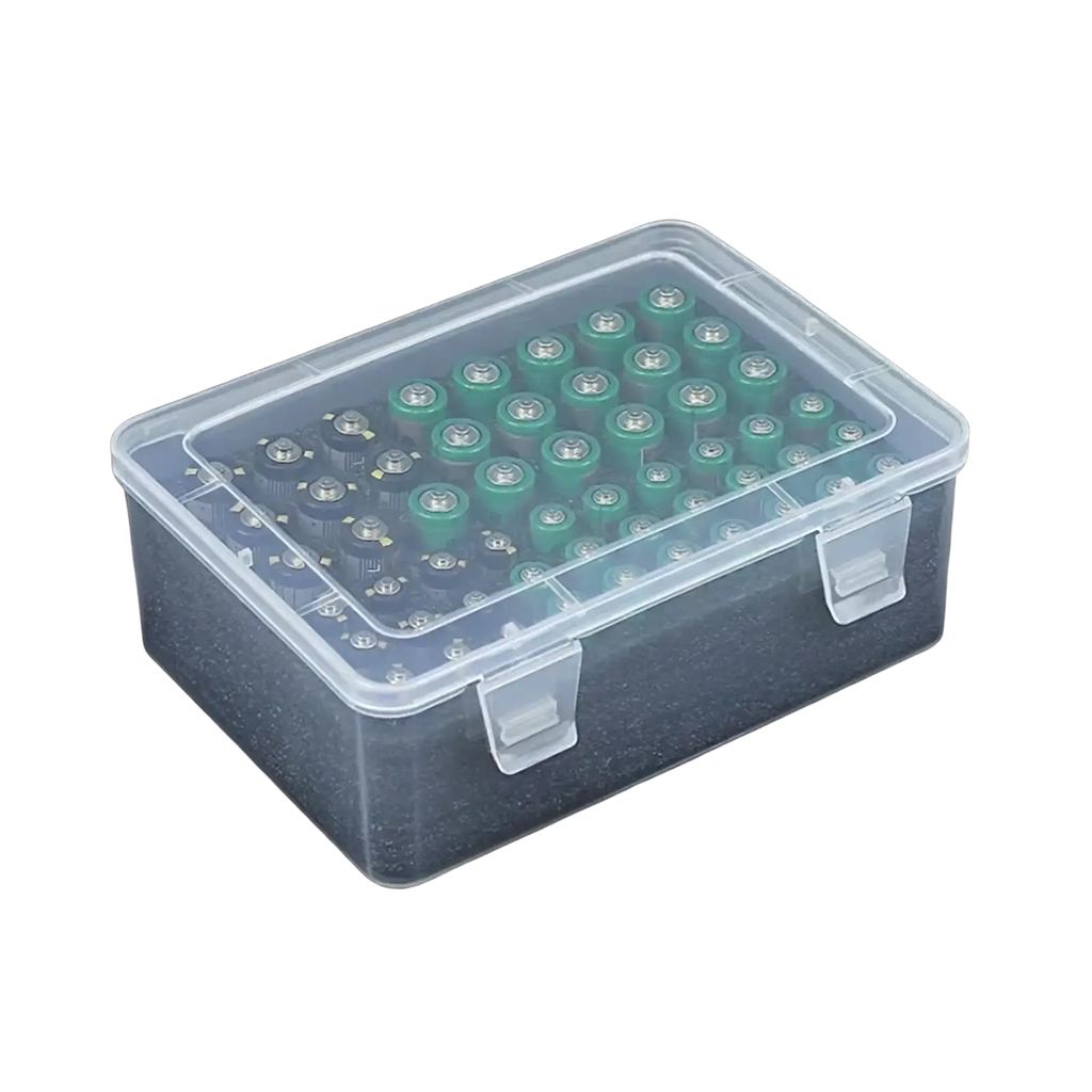 Clear plastic battery storage organizer holder with hinged lid and compartments for 54 green and black cylindrical batteries