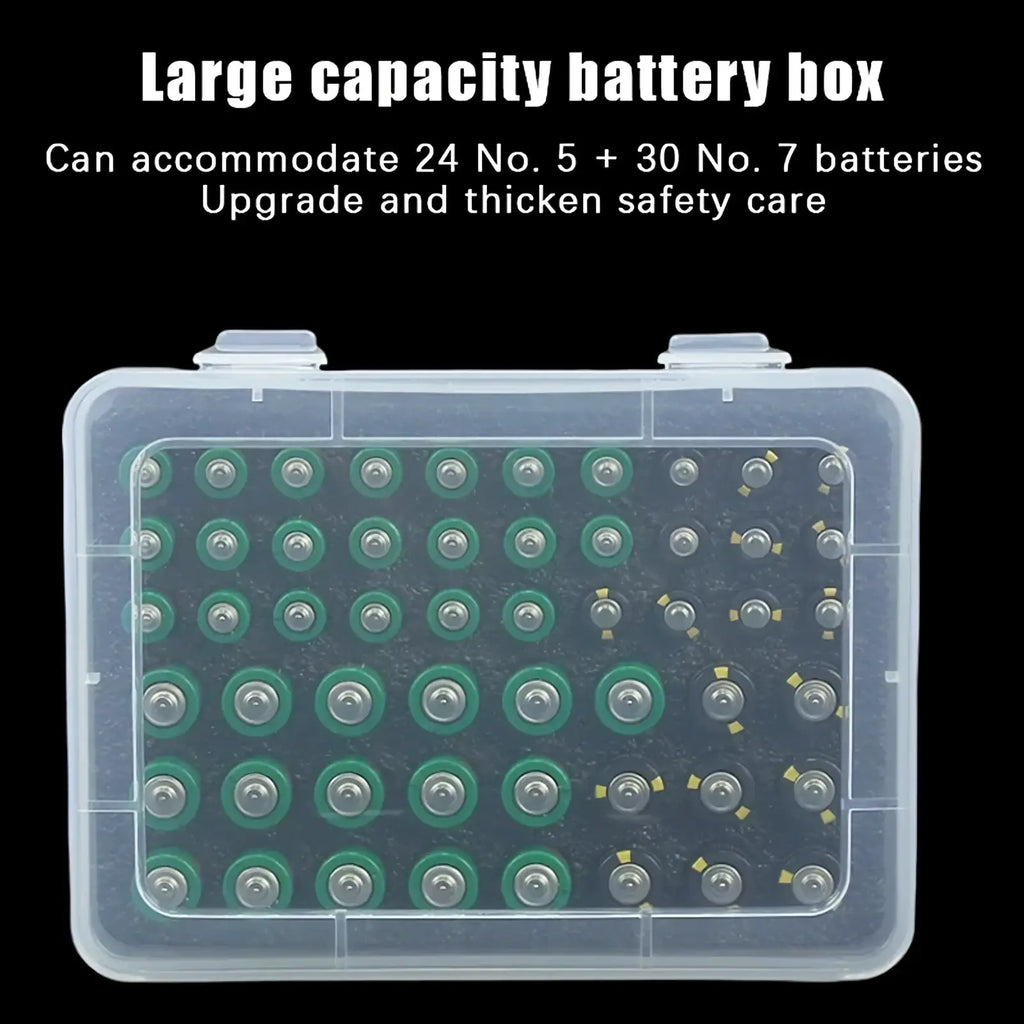 Clear plastic battery storage organizer holder with green compartments holding 54 no.5 and no.7 batteries in grid