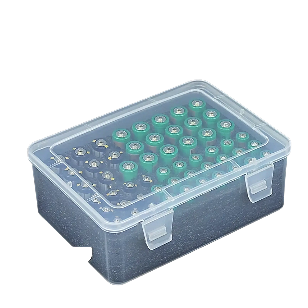Clear plastic battery storage organizer holder with compartments for 54 green and black cylindrical batteries