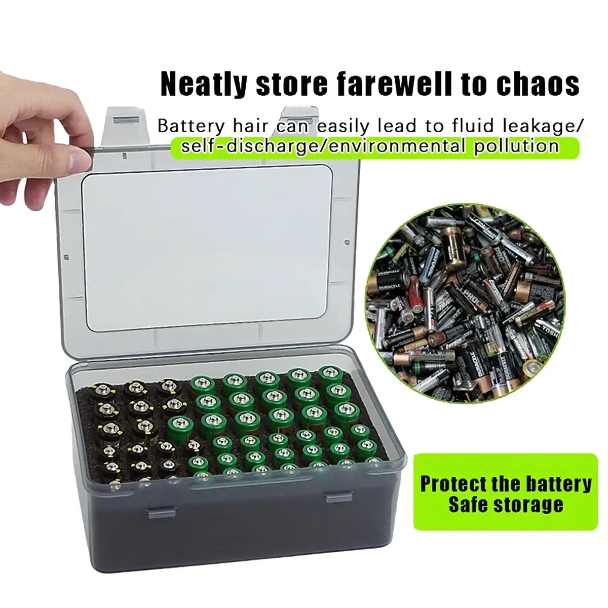 Gray plastic battery storage organizer holder with clear lid neatly organizing 54 green and silver aa batteries