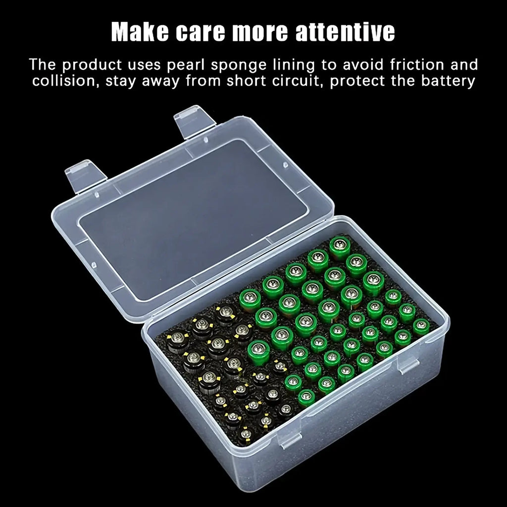 Transparent plastic battery storage organizer holder containing organized green and black cylindrical batteries for 54 units