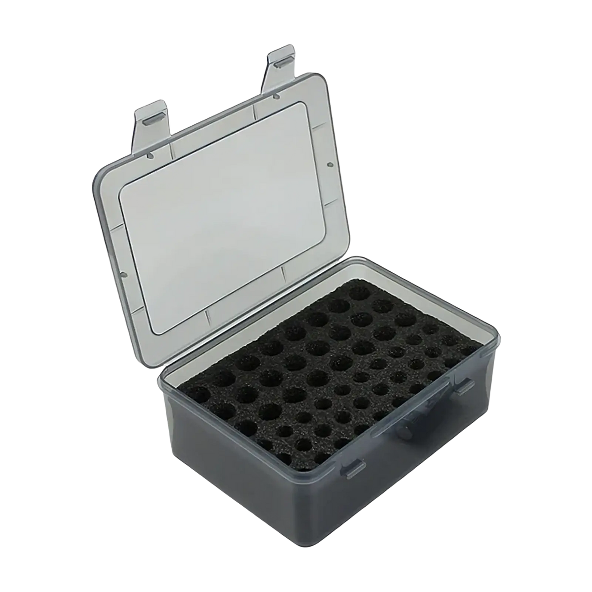 Transparent plastic battery storage organizer holder with black foam insert and 54 circular compartments for batteries