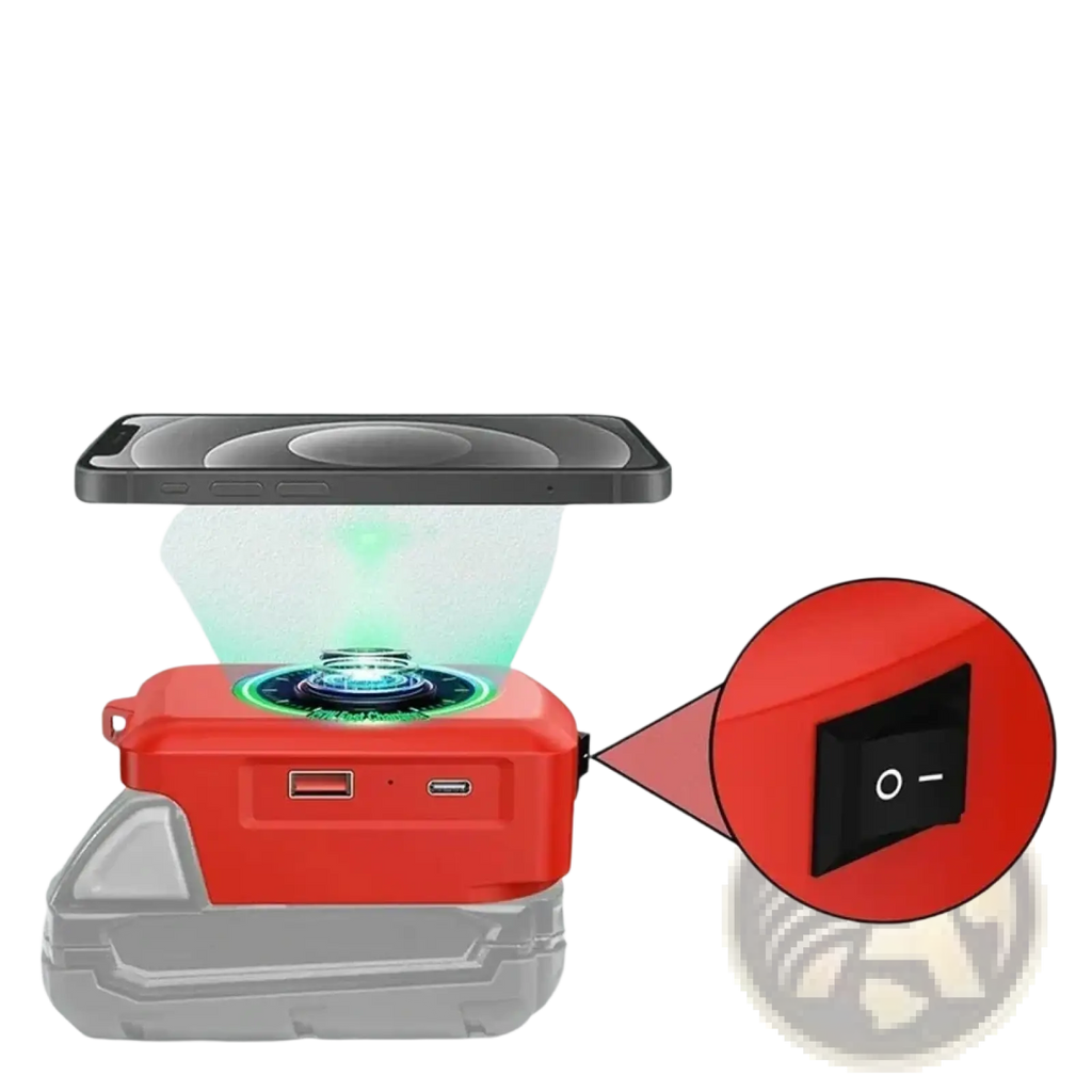 Red wireless phone charger for milwaukee power tools with glowing charging pad and usb ports battery wireless charging adapter