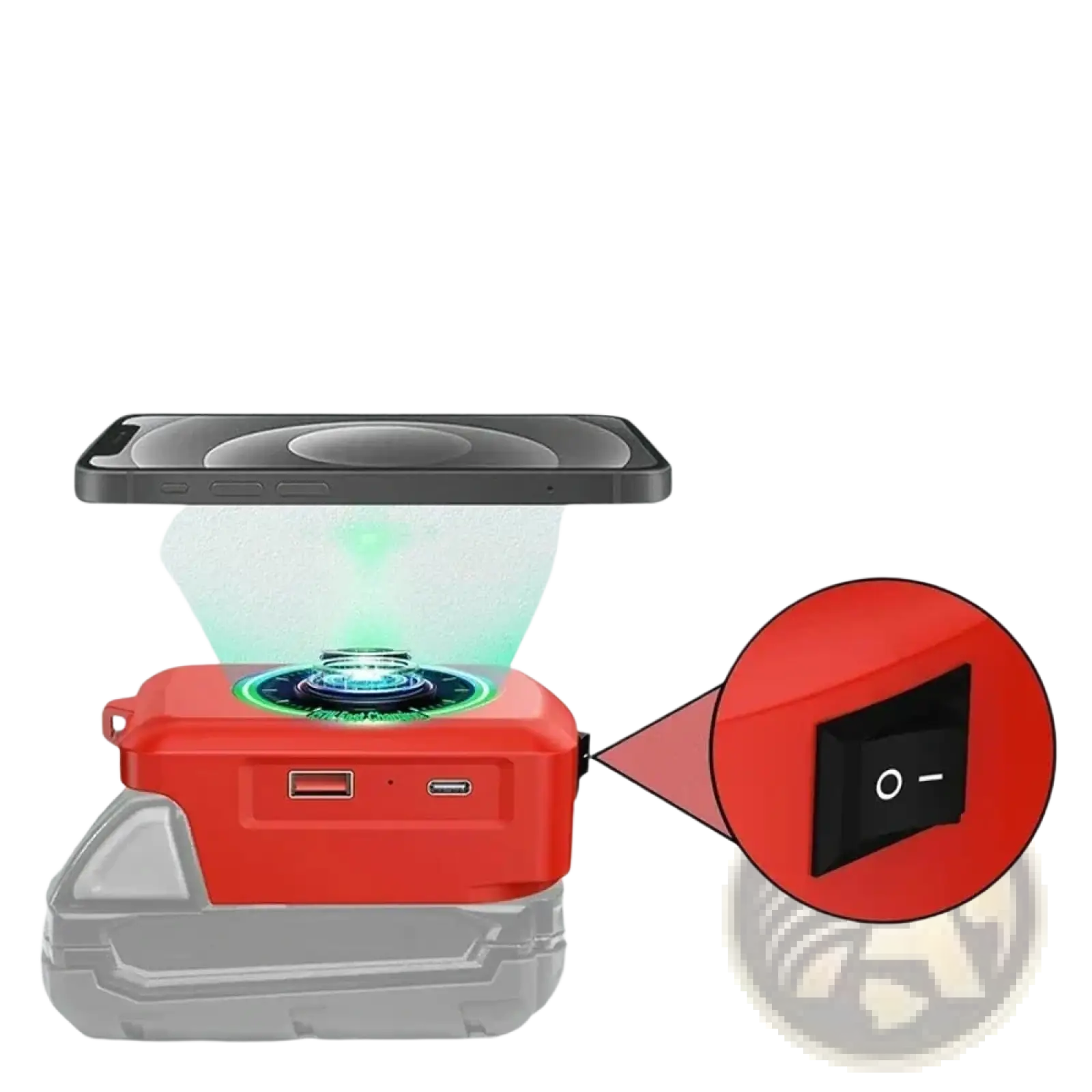 Red wireless phone charger for milwaukee power tools with glowing charging pad and usb ports battery wireless charging adapter