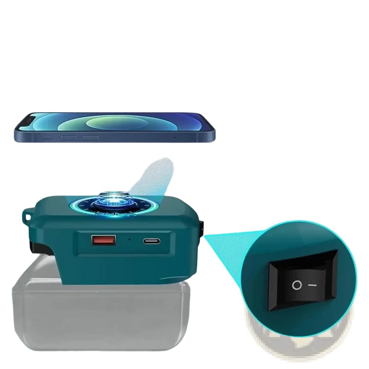 Teal wireless charging adapter for makita dewalt milwaukee power tools with circular glowing pad and dual usb ports