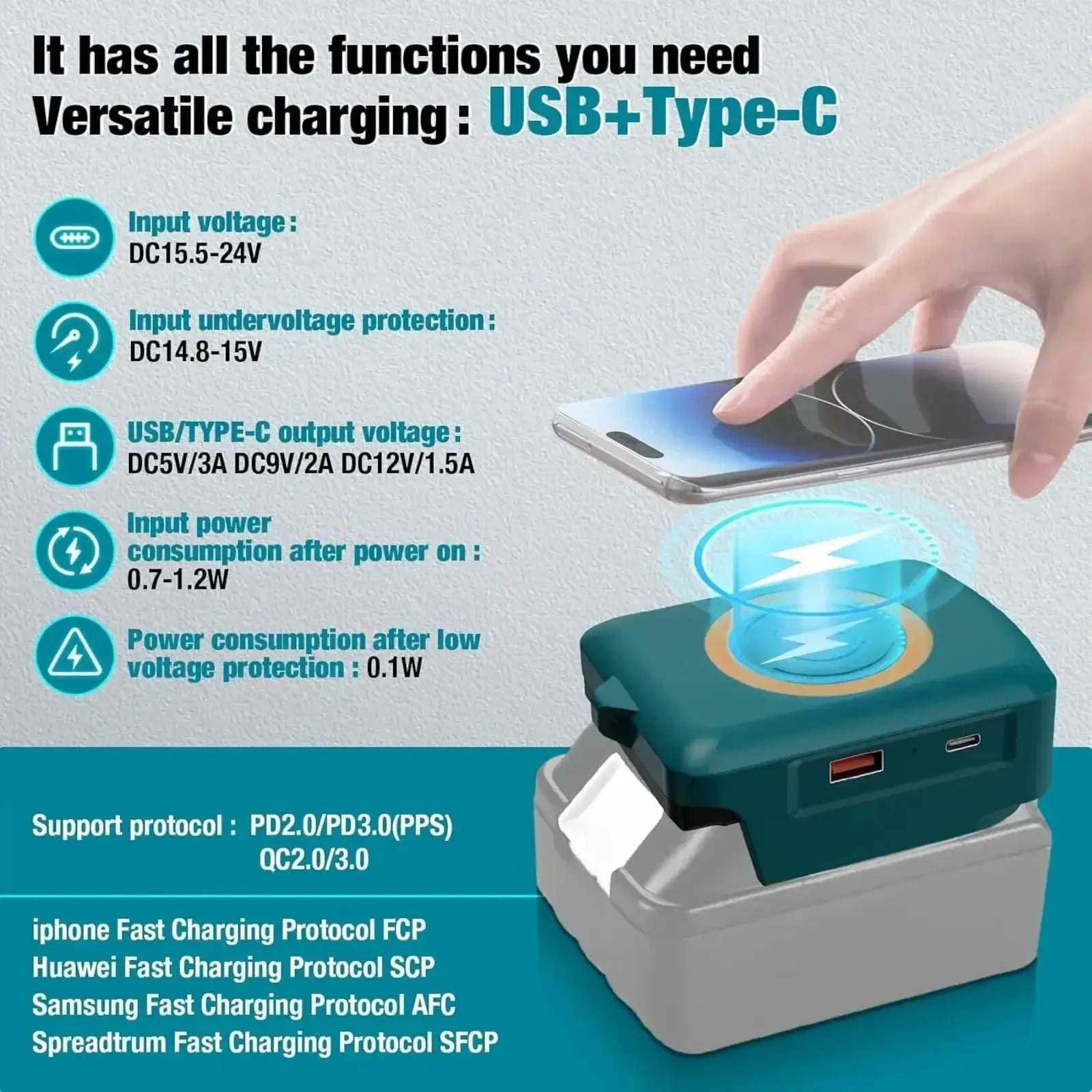 Teal and gray wireless phone charger adapter with usb-c port for fast charging compatible with makita dewalt milwaukee batteries