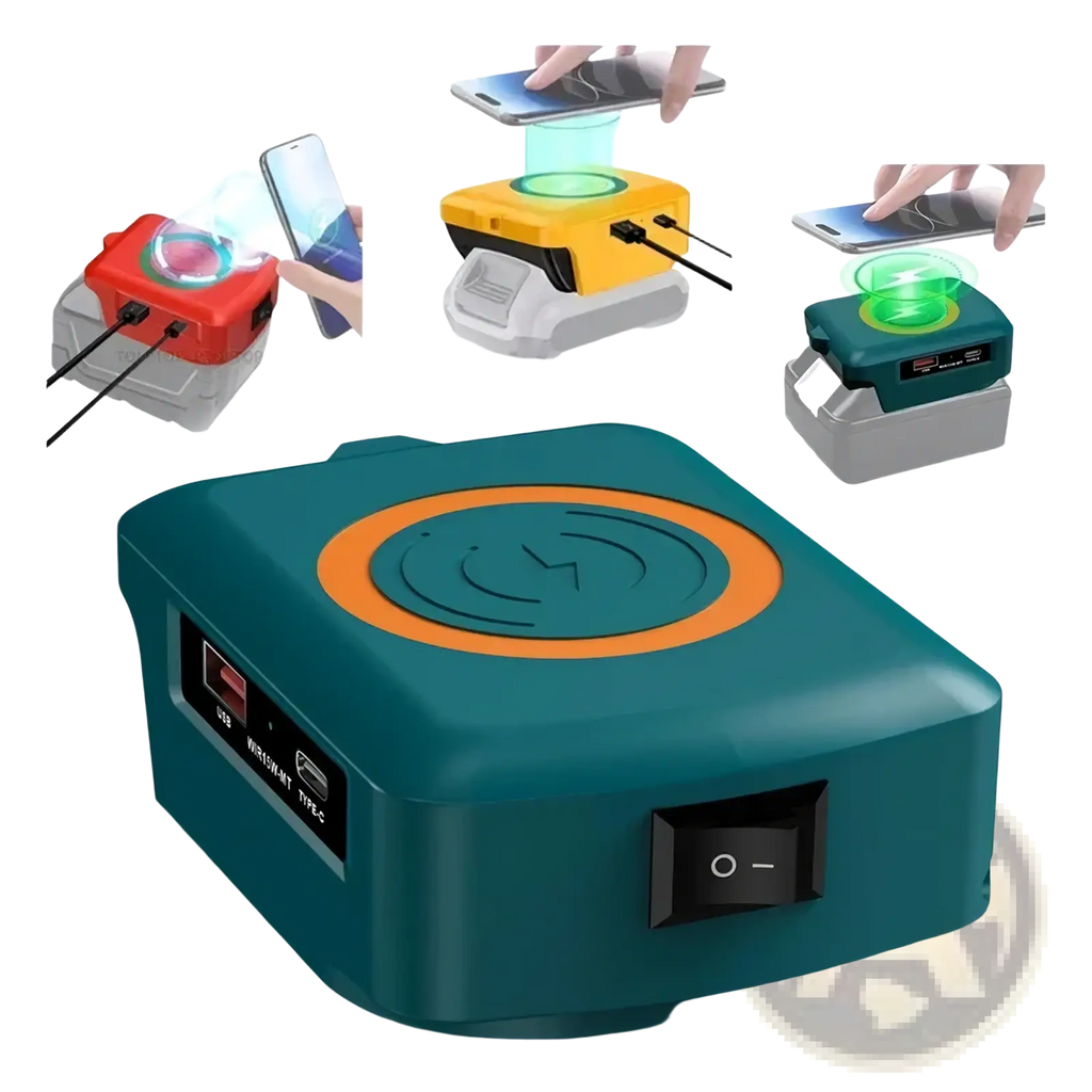 Teal and orange wireless phone charger with usb-c port and power switch for makita dewalt milwaukee batteries
