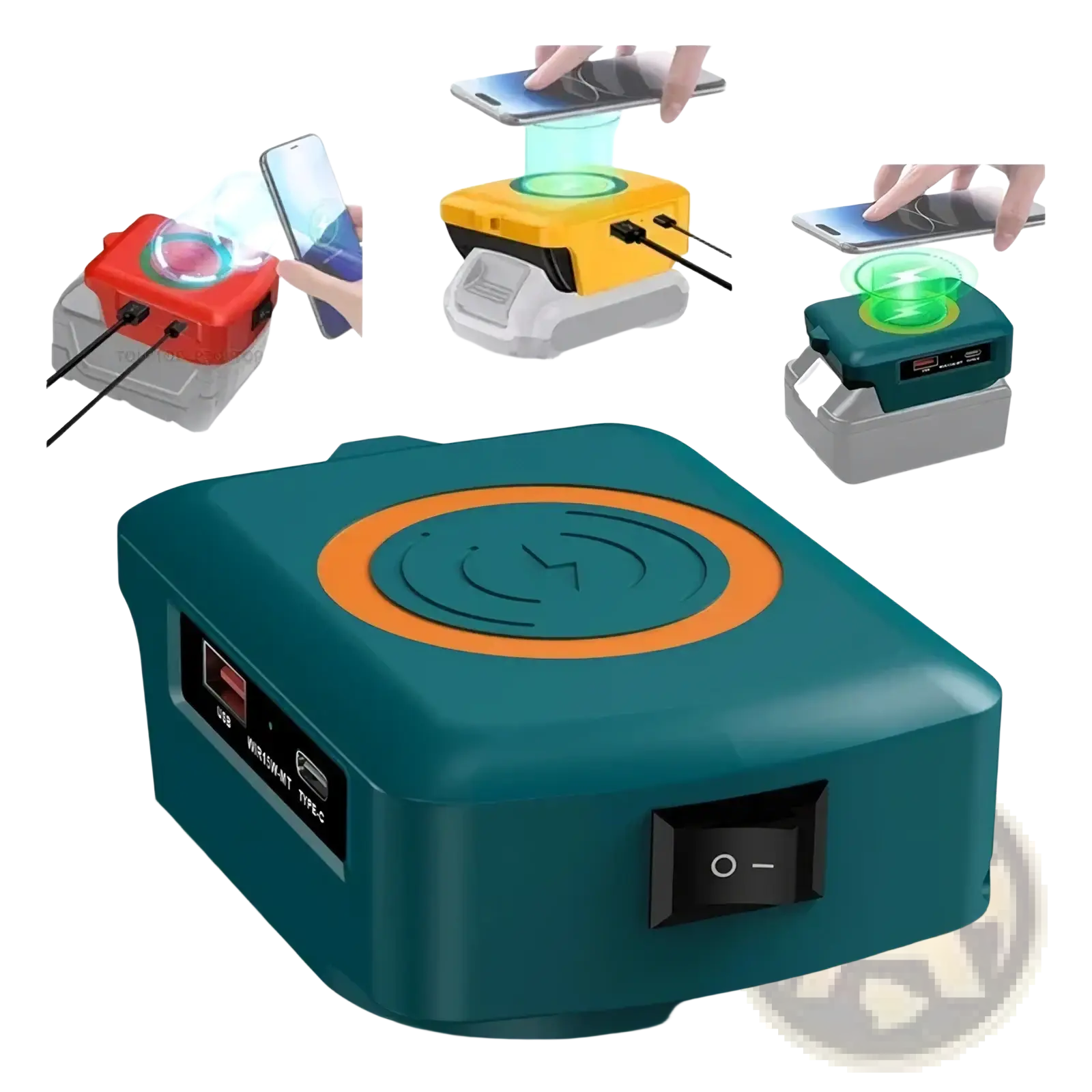 Teal and orange wireless phone charger with usb-c port and power switch for makita dewalt milwaukee batteries