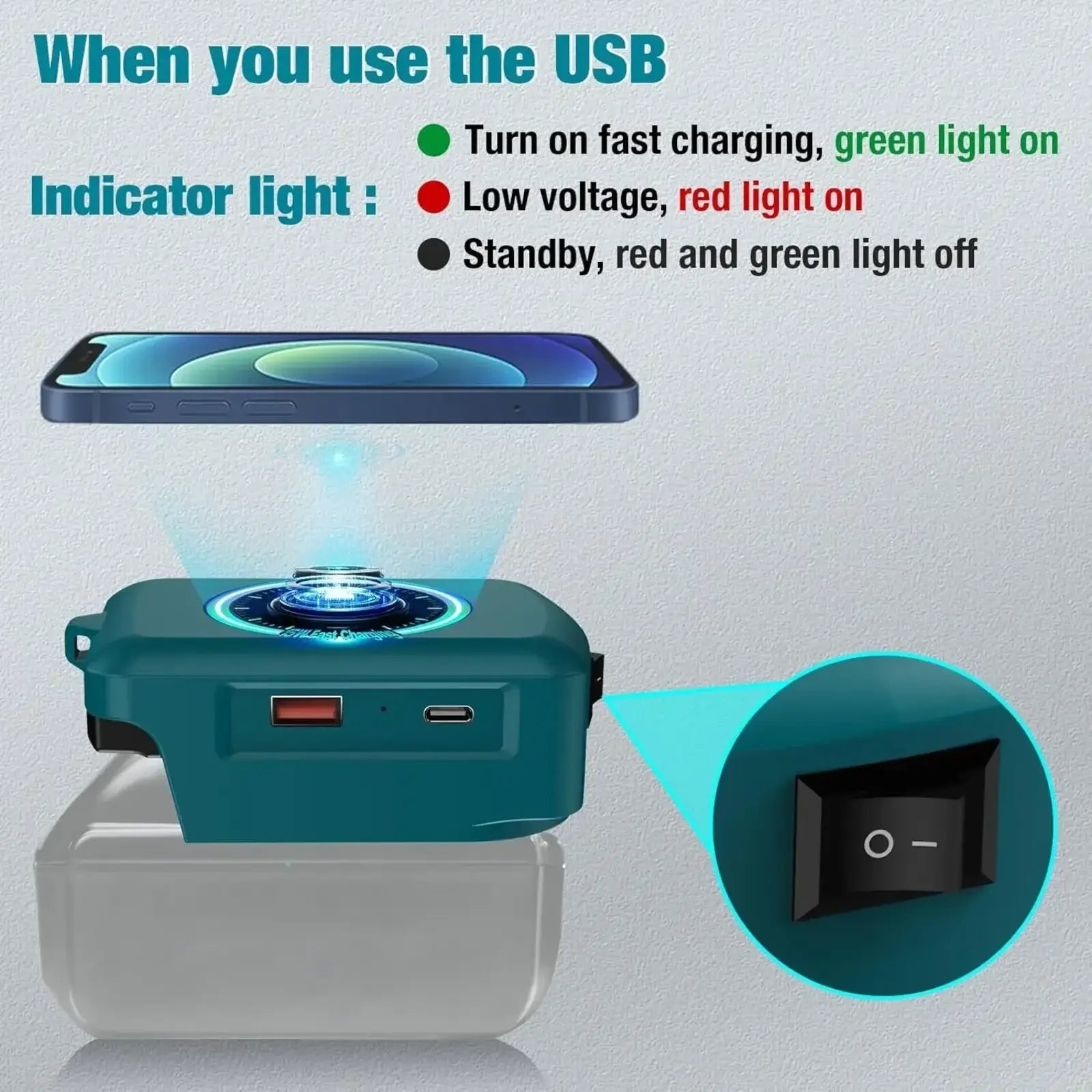 Battery wireless charging adapter in teal with usb ports and indicator lights for fast charging standby and low voltage modes