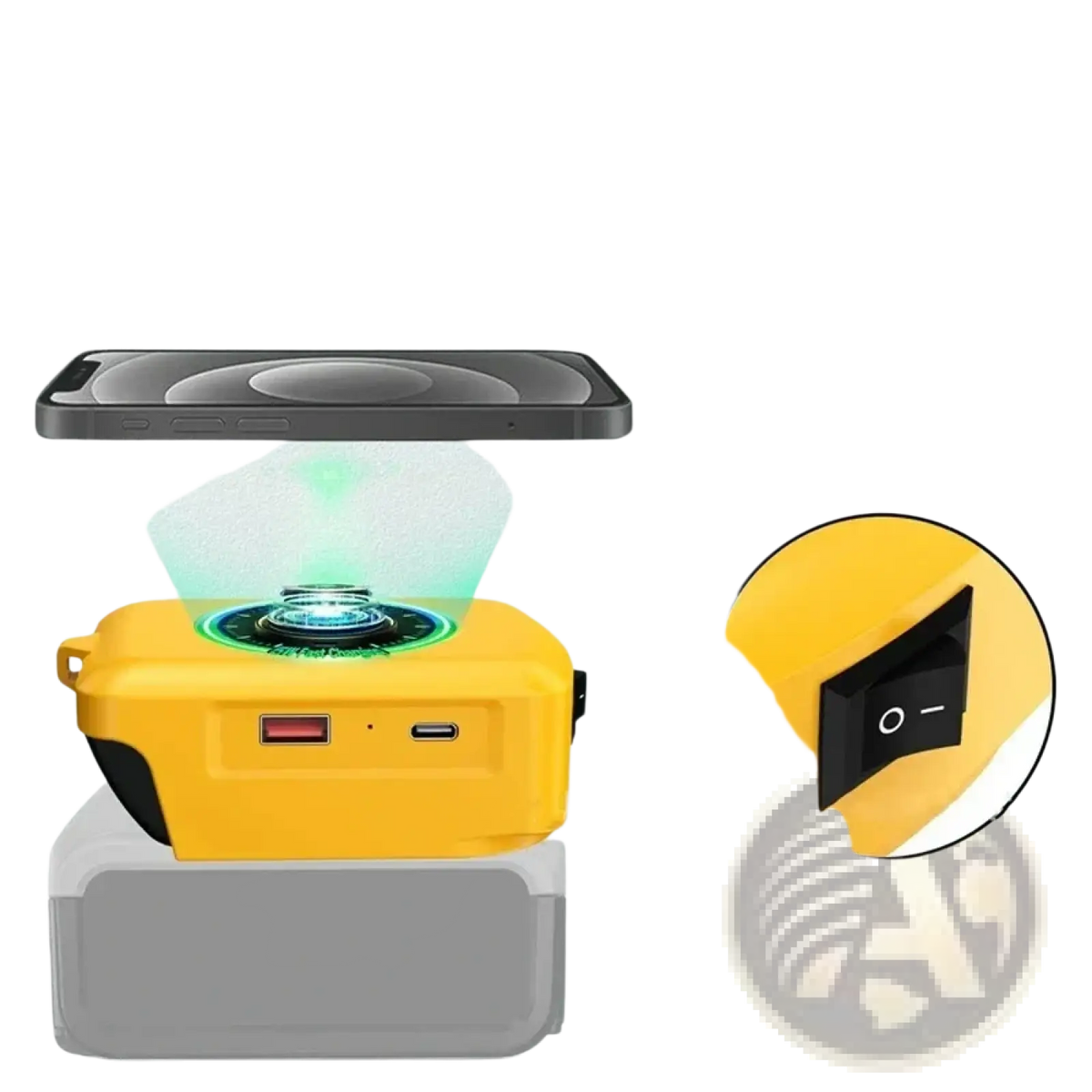 Yellow battery wireless charging adapter for dewalt power tools with glowing green pad and multiple ports