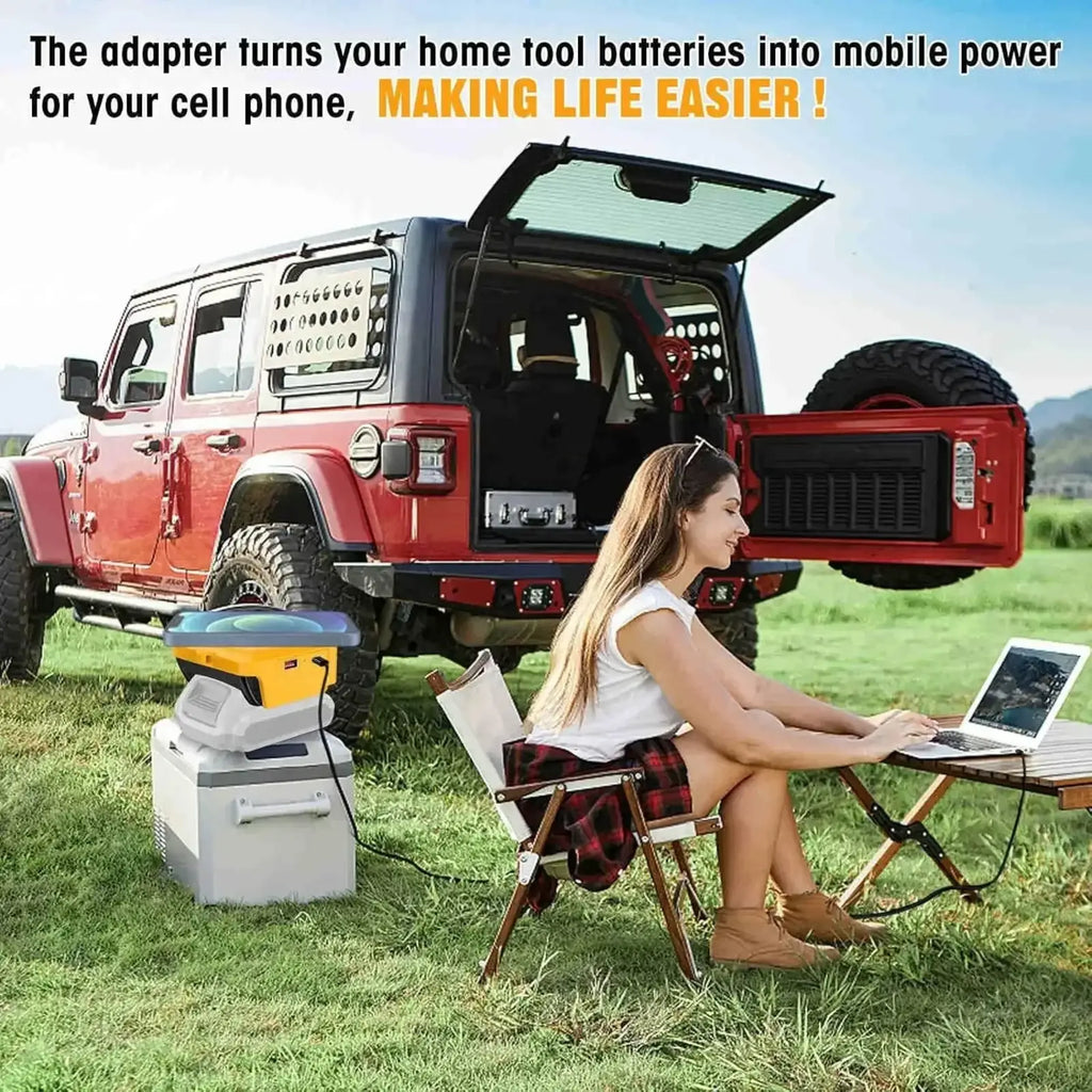 Yellow and gray portable power station with built-in cooler and battery wireless charging adapter for Makita Dewalt Milwaukee