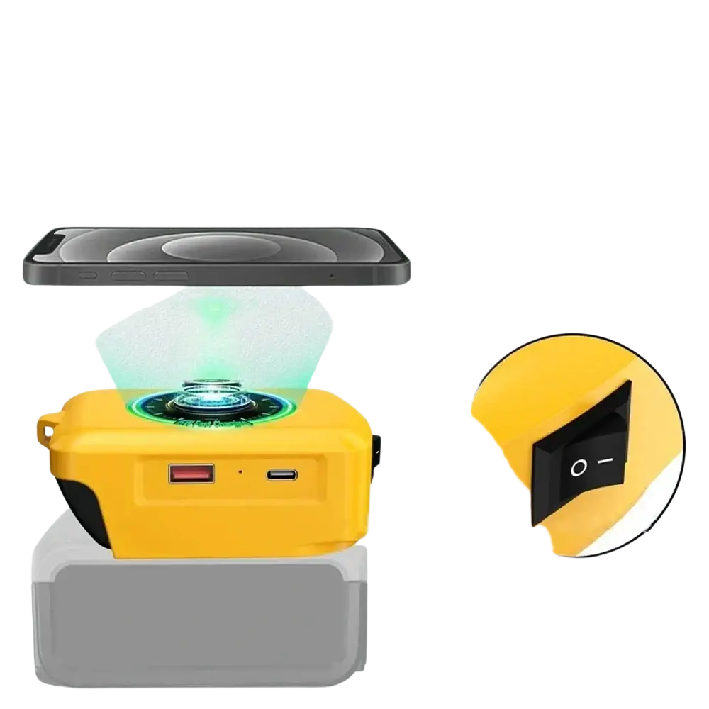 Yellow battery wireless charging adapter for dewalt power tools with glowing green pad and multiple ports