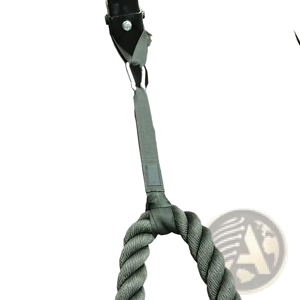 Black braided battle rope anchor strap with heavy duty nylon webbing handle and metal carabiner attached to gym frame