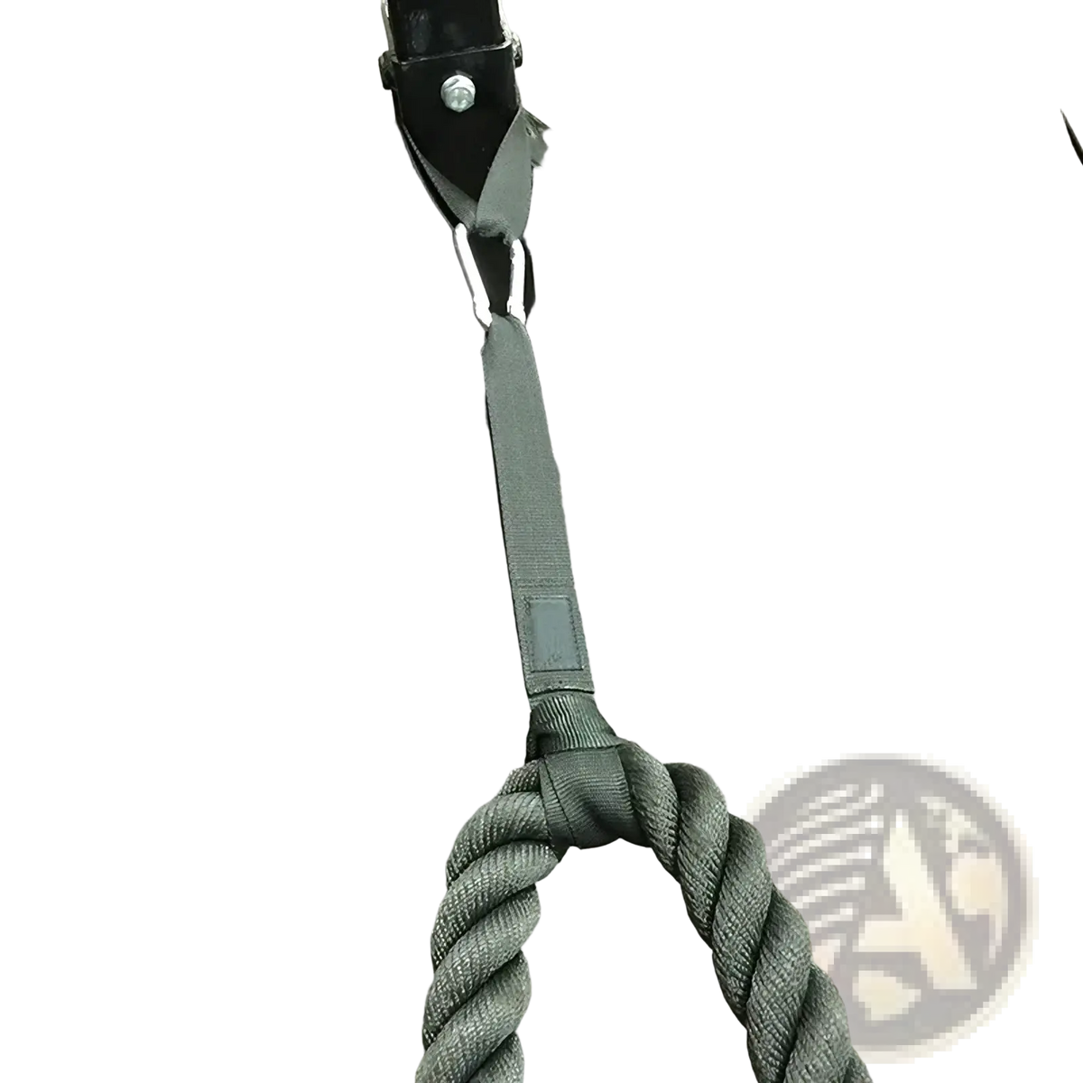 Black braided battle rope anchor strap with heavy duty nylon webbing handle and metal carabiner attached to gym frame