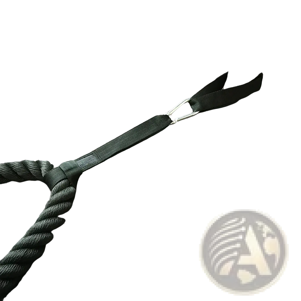 Black braided battle rope anchor strap with heavy duty nylon webbing and silver carabiner clip for secure fitness use
