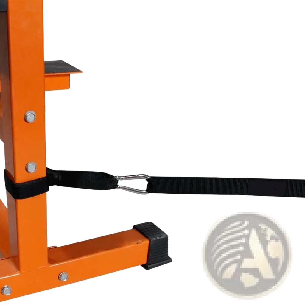 Black heavy duty nylon battle rope anchor strap with silver metal carabiner attached to orange weight training rack