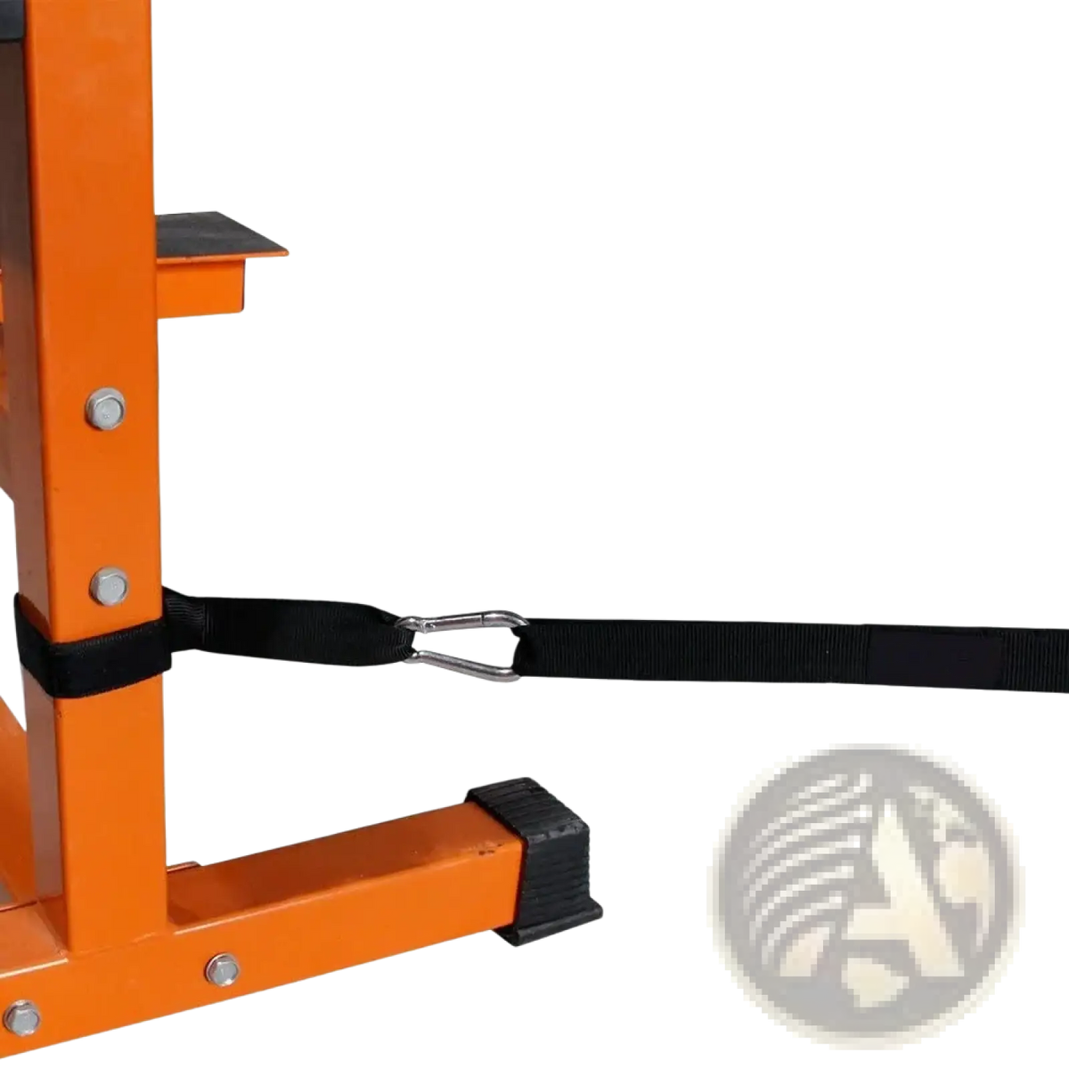 Black heavy duty nylon battle rope anchor strap with silver metal carabiner attached to orange weight training rack