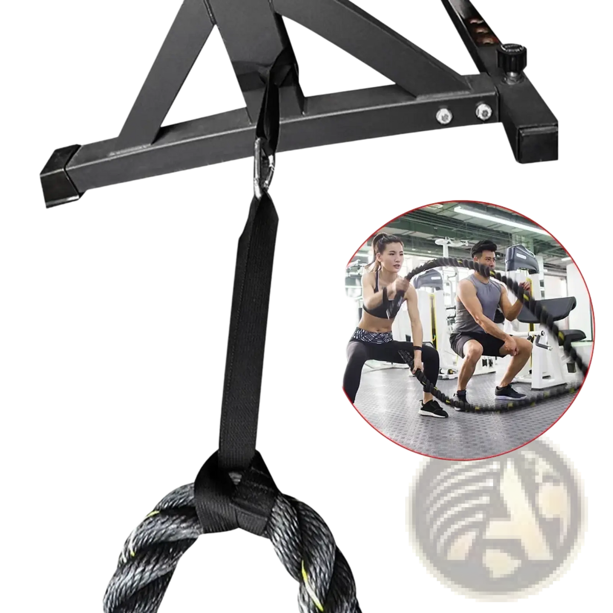 Black rope battle rope with heavy duty nylon triangular metal stand for secure gym workouts and anchor straps set